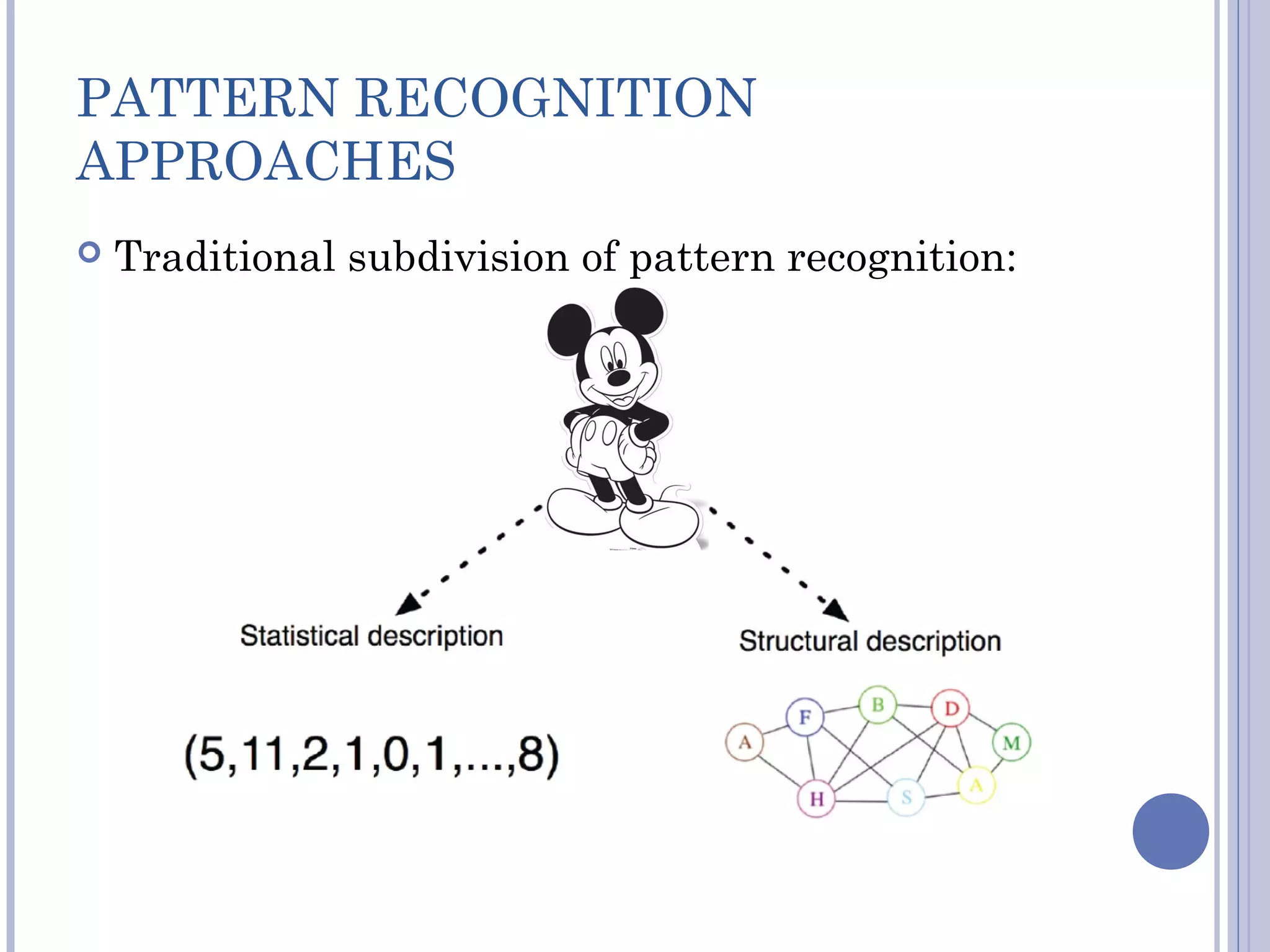 PATTERN RECOGNITION
APPROACHES
 Traditional subdivision of pattern recognition:
 