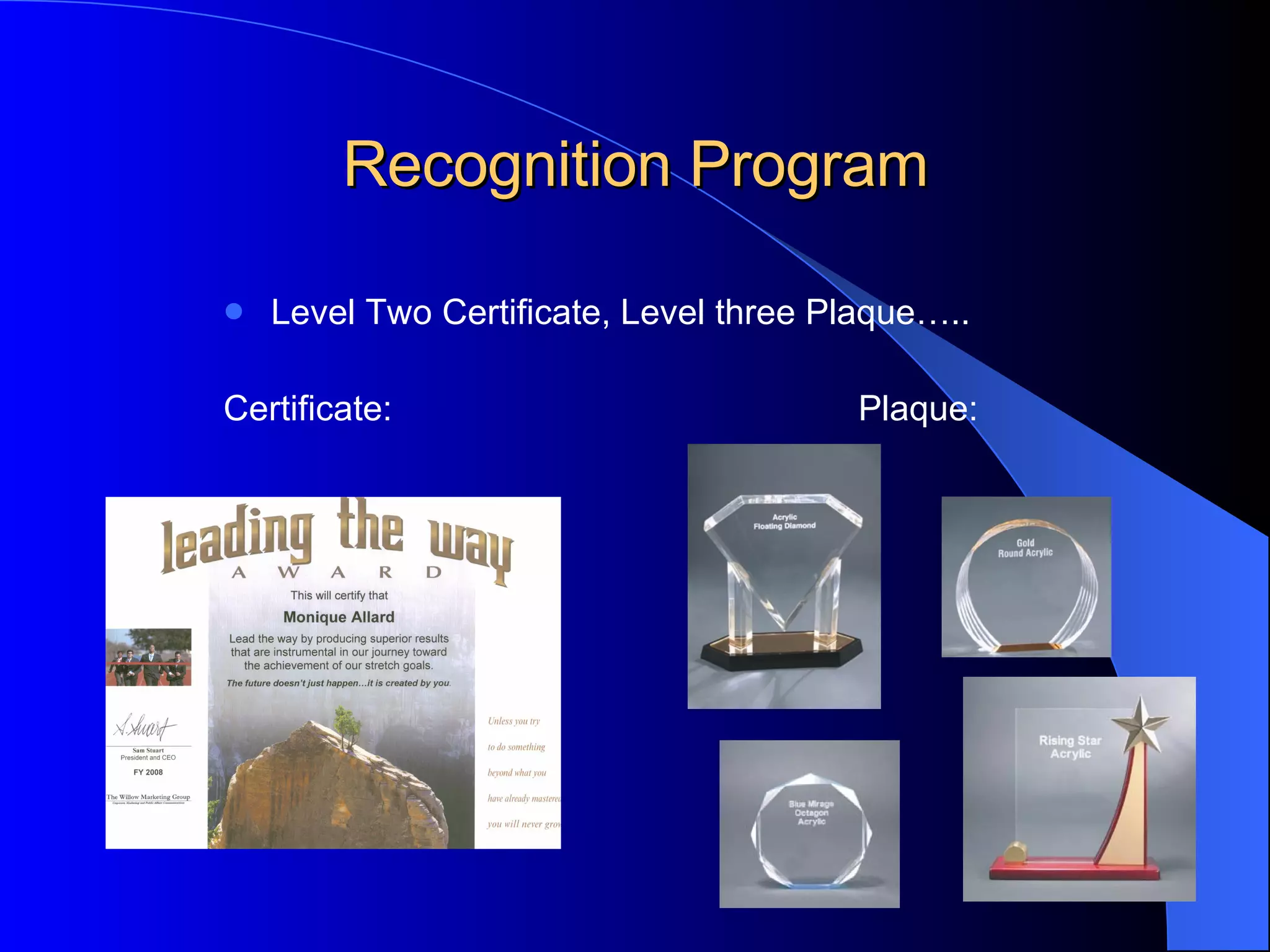 Recognition Program Level Two Certificate, Level three Plaque….. Certificate: Plaque: 
