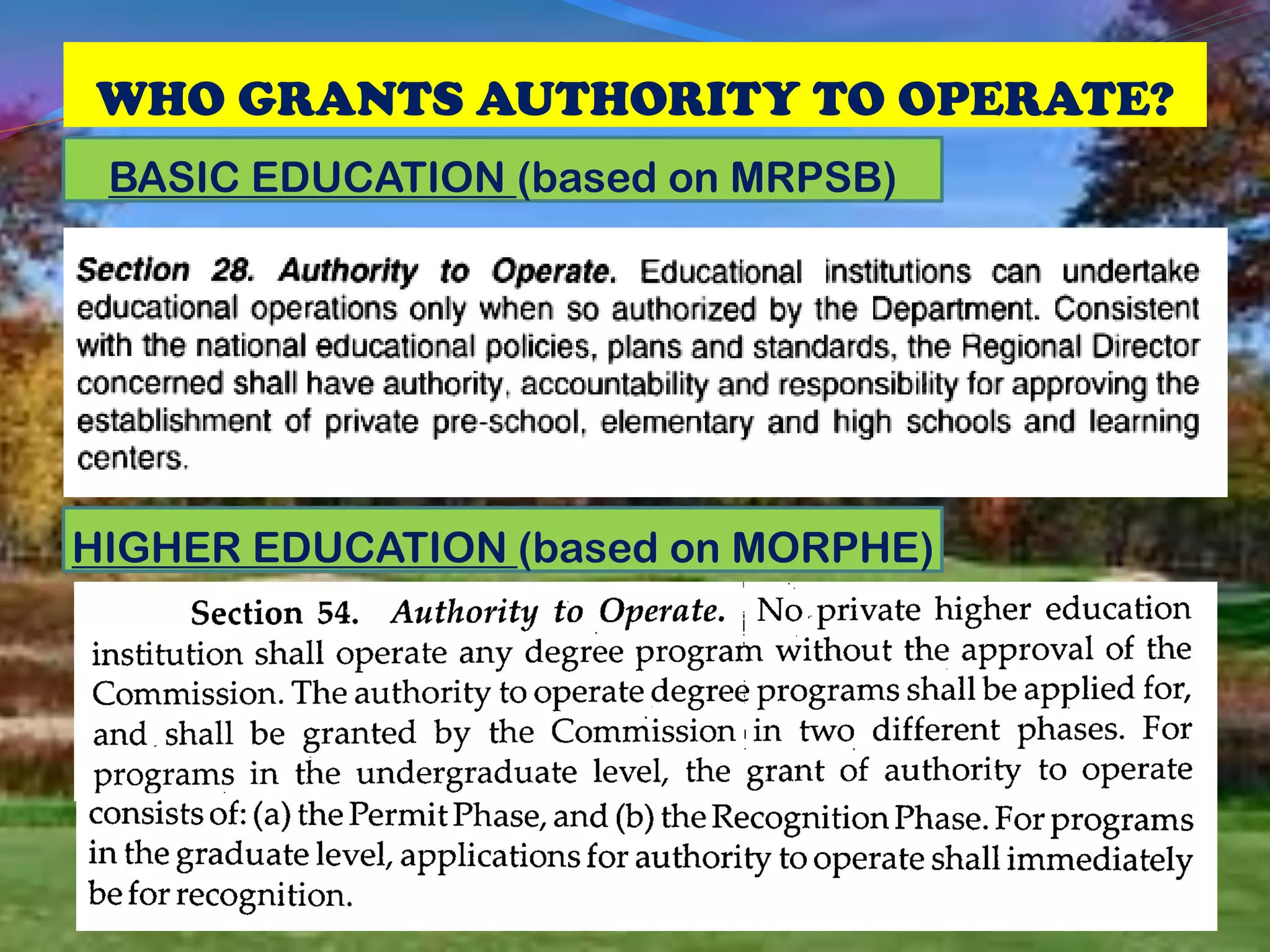 WHO GRANTS AUTHORITY TO OPERATE?
BASIC EDUCATION (based on MRPSB)
HIGHER EDUCATION (based on MORPHE)
 