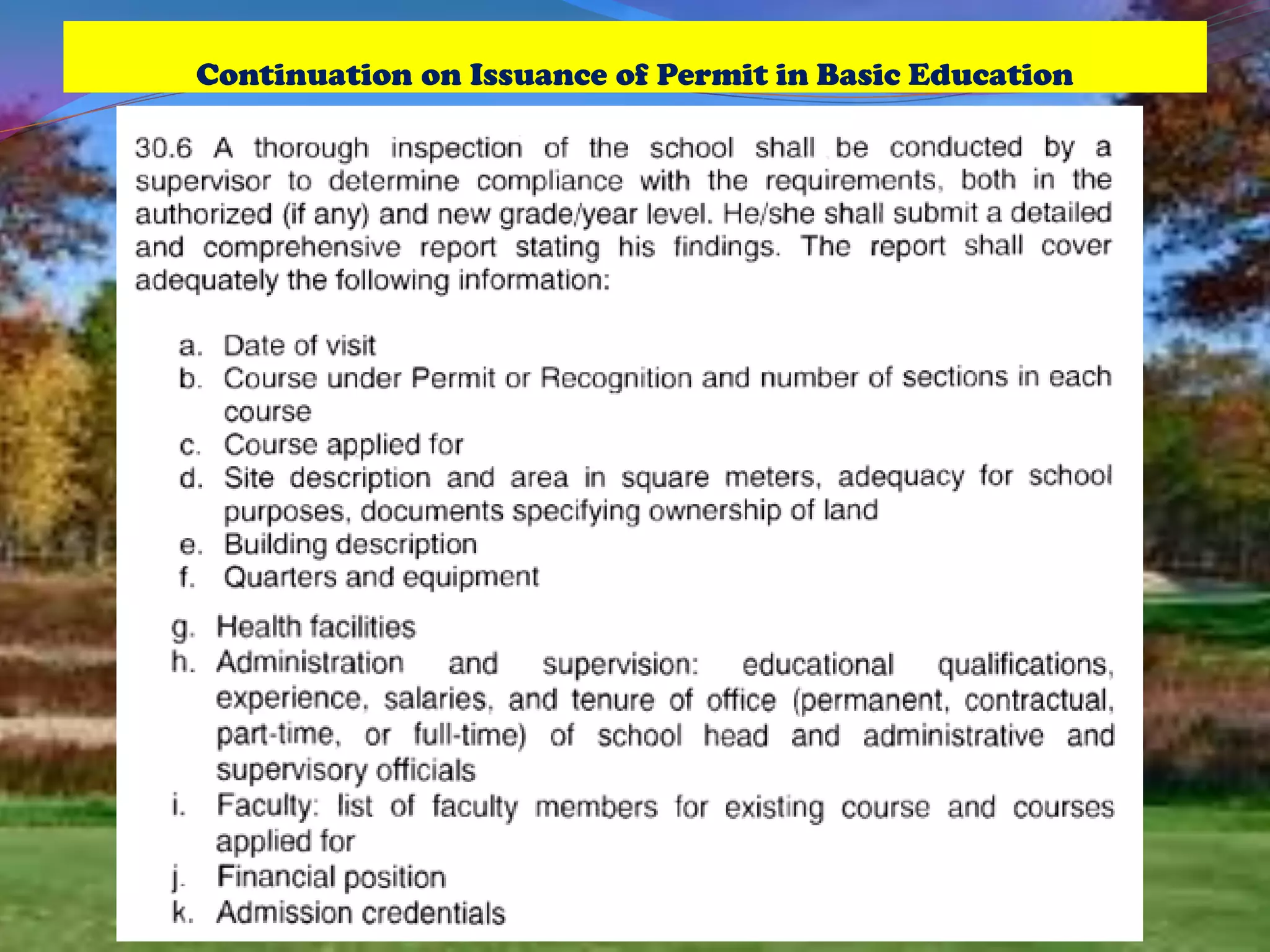 Continuation on Issuance of Permit in Basic Education
 