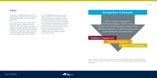 Preface



        Preface
                                                                                                                                                        Recognition & Rewards
        We operate in a complex global economy that is no       In this guide, ITAGroup demonstrates how a well-
        longer driven by sweat and steel but by information     planned, comprehensive recognition and reward
        and understanding. Within this shifting economy,        system energizes, empowers, and rallies employees
        people matter.                                          to achieve both company and industry benchmarks
                                                                that render measurable results. It also demonstrates                                 Drives employee engagement
        As companies across all industries make difficult       how a recognition and reward program can facilitate
        choices with regards to cutbacks and financial          an enriching corporate culture and experience that
                                                                                                                                                  Reinforces employee lifetime value
        pressure—we need reliable methods for recruiting,       attracts not only new talent, but the public at large.                       Supports pay-for-performance compensation
        retaining, and motivating high performers. We need      In other words, an organizationally driven
        strategies for identifying and cultivating people who   recognition and reward program can make a                                    Motivates employees to achieve stretch goals
        will reinforce an organization’s vision, mission, and
        values. That’s why instituting a reliable recognition
                                                                tremendous difference to customers, investors,                                    Improves bottom line performance
                                                                and policymakers overall.
        and reward program is vital in today’s workforce.

                                                                                                                              Employee Engagement
                                                                                                                                                                  Customer Response
                                                                                                                                                                                                Business Performance




                                                                                                                         Figure 1. Investing in recognition and reward programs is proven to increase employee engagement and productivity and
                                                                                                                         improve customer service, which in turn leads to customer satisfaction and loyalty. The results: higher business performance
                                                                                                                         and revenues.




Property of ITAGroup                                                                                                                                                                                                                                         1
 