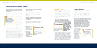 Introducing Recognition and Rewards                                                                                                                                                                            Introducing Recognition and Rewards



        Introducing Recognition and Rewards

        Knowledge, reputation, and human capital. Today,           • Improving customer service and product quality                Investing in ELTV                                     Engaged employees
        these are the intangible assets that make corporate          to win brand loyalty
                                                                                                                                   We often hear about the importance of customer        Engaged employees—or those who are both willing
        progress possible.
                                                                   • Boosting sales, market share, and customer                    lifetime value (CLTV), which is the potential value   and able to contribute to company success—
         According to the Brookings Institution, only 15% of         lifetime value (CLTV)                                         presented by long-term customer relationships.        demonstrate commitment to excellence to the
         company expenses represent tangible assets, such as                                                                       Less common is discussion of employee lifetime        organization and inspire among their peers both
         tools and machinery, while about 85% of expenses          • Increasing productivity while instilling safe                 value (ELTV), which represents all that highly        creative thinking and courage. Why? Engaged
                                        represent intangible         work habits                                                   engaged employees bring to the company in the         employees glean a strong sense of satisfaction
              Targeted Value assets. Why? Because                                                                                  long term, measured by both reduced cost and          from their jobs.
                                                                   • Improving morale among teams and cultivating                  top performance.
                                        companies can expect
      Investing in employees’                                        enthusiastic company “brand ambassadors” out                                                                        Take a look at Fortune magazine’s 100 Best Companies
                                        a much greater return
      education and training can                                     of employees                                                   ELTV, a concept introduced in recent years,          to Work For. Each year, employees respond to surveys
      produce twice as much gain        from investing in
                                                                                                                                    may soon—if it hasn’t already—supersede the          that ask questions related to job satisfaction,
      in workplace efficiency as        employees than from        • Attracting and recruiting valuable new talent with             long-coveted CLTV. An Economist Intelligence Unit    attitudes toward management, and workplace
      comparable increases in           purchasing equipment.        your reputation as an appreciative employer                    study found, for example, that 80% of executives     camaraderie. Invariably, the top-ranked companies
      equipment, according to           Another study found
                                                                   • Retaining and motivating the company’s top                                                   surveyed predicted     are those that demonstrate the highest rate of
      researcher Robert Zemsky of       that a company that
      Pennsylvania University.                                       performers to bring their talents to the table
                                                                                                                                         Targeted Value           that the ability to    employee engagement. Along with enjoying lower
                                        lost all of its
                                                                                                                                                                  attract and retain     turnover, these companies consistently provide
                                        equipment but kept                                                                       Sears studied the correlation
                                                                   • Motivating average                                          between employee                 the best people will   initiatives that keep their workforce engaged.
         the skills and know-how of its workforce could be
                                                                     performers to                    Targeted Value             satisfaction and sales and       be the primary force
         back in business relatively quickly. On the other                                                                                                                               It makes sense that
                                                                     improve and excel                                           found improved employee          in influencing
         hand, a company that lost its workforce but kept its                                  Research by Sheffield                                                                     employee engagement
                                                                     to top performance        University showed a return        attitudes boosted sales within   business strategy                                       Targeted Value
         equipment would never recover (McLean 1995).                                                                                                                                    directly affects the
                                                                                               of up to four to one in profits   about six weeks.                 by 2010.
                                                                   • Encouraging                                                                                                         wellbeing of an           The Towers Perrin Talent
        Protecting and cultivating intangible assets through                                   when UK organizations
                                                                     worthwhile                                                    Employee engagement seems simple as a concept,        organization. It also     Report defines engagement
        people-based programs often comes down to                                              focused on people rather
                                                                     risk-taking and                                               but what initiates and sustains it? Obviously, the    makes sense that good     as “the extent to which
        engaging employees—to motivating high performance                                      than on strategy, quality, or
                                                                     inspiring innovative                                          answer is employees themselves. Yet, it’s unlikely    recognition and           employees put discretionary
        while fostering a positive working environment where                                   pure R&D.
                                                                     work with a                                                   that employees can remain engaged and motivated       reward programs           effort into their work, in the
        innovation and self-actualization flourish. The benefits                                                                                                                                                   form of time, brainpower, and
                                                                     competitive edge                                              in a vacuum. In other words, employee engagement      increase employee
        of such programs are as numerous as the breadth of                                                                                                                                                         energy” (4).
                                                                                                                                   needs to be embodied and practiced at the highest     engagement in
        the talent you employ. Listed are the most notable:
                                                                                                                                   levels within an organization. It also needs to be    measurable ways.
                                                                                                                                   supported through ongoing initiatives and events.




2                                                                                                                                                                                                                                                   3
 