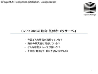 CVPR 2020の動向・気付き・メタサーベイ  
1
- 今回どんな研究が流行っていた？ 
- 海外の研究者は何をしている？ 
- どんな研究グループが強いか？ 
- その他「動向」や「気付き」など何でもOK 
Group 21.1: Recognition (Detection, Categorization)
 