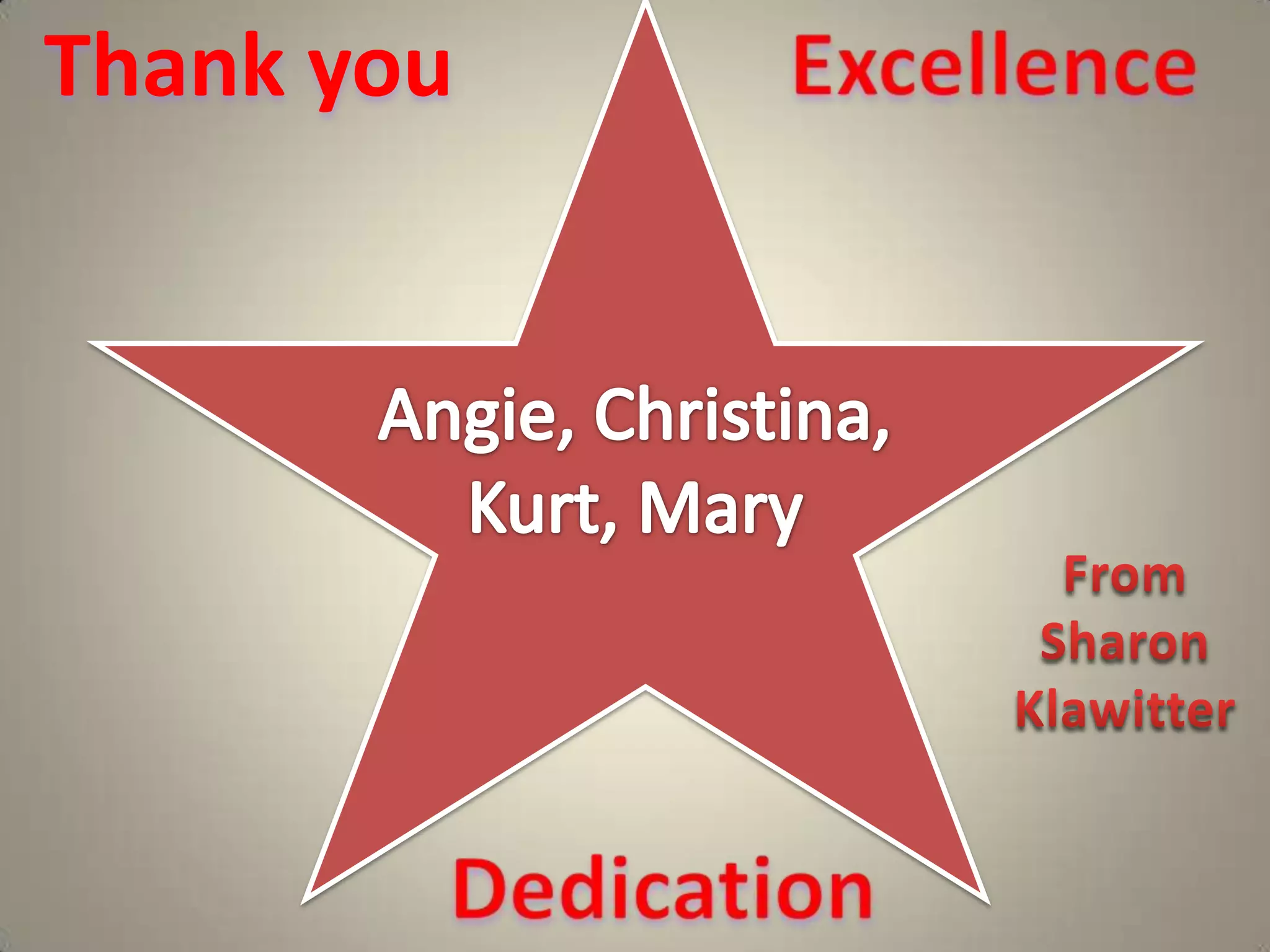 Thank you  ExcellenceAngie, Christina, Kurt, MaryFrom Sharon KlawitterDedication