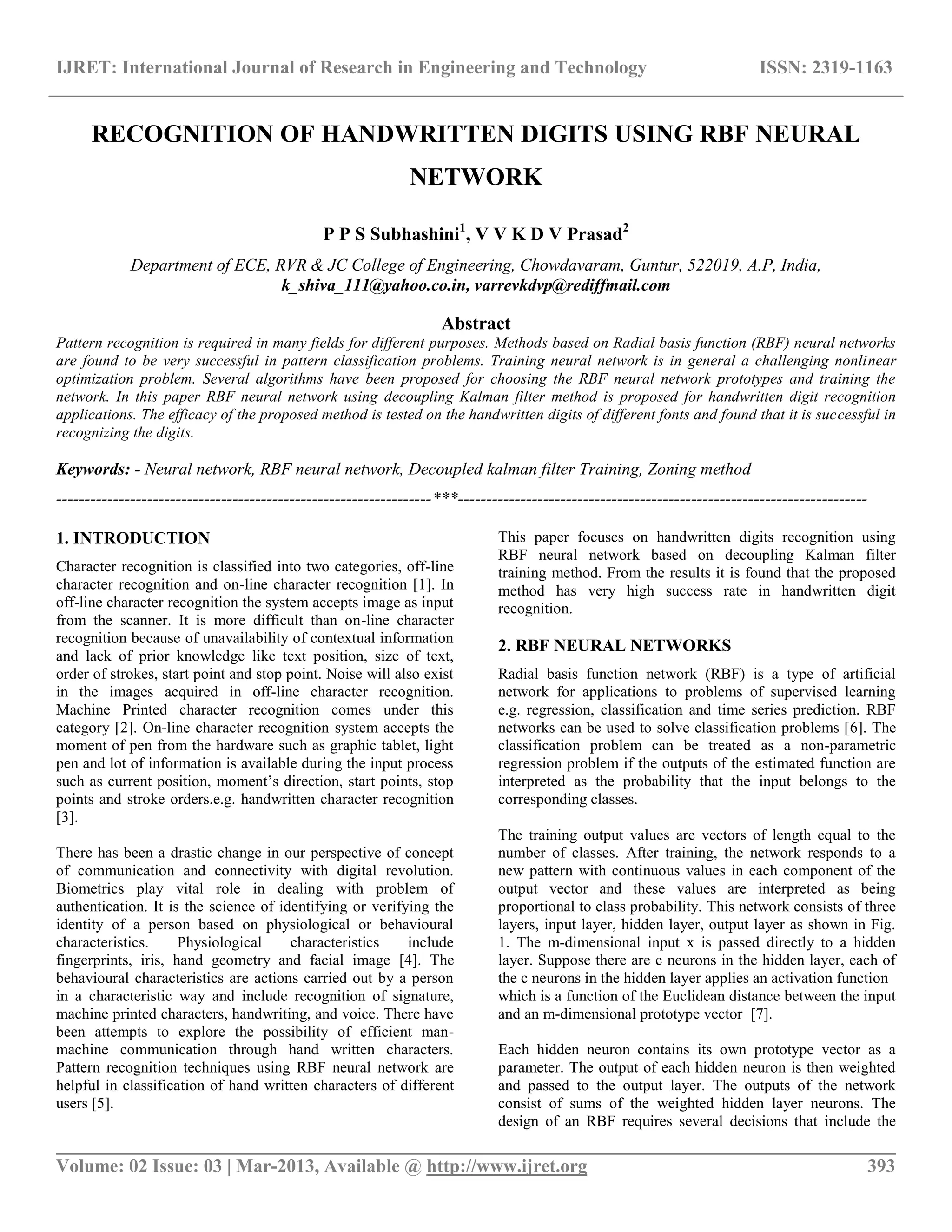 Recognition of handwritten digits using rbf neural network | PDF