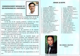 Congratulations and salute to the
completers and graduates of batch 2023.
True greatness is not measured by strength alone, but by the
willingness to confront and overcome the challenges and struggles
that life presents.
In the face of the ongoing pandemic, resilience has been
demonstrated not only by individuals but also by educational
institutions and the dedicated men and women who have risked their
lives to ensure the delivery of quality basic education, despite the
limitations and restrictions along the way.
My profound gratitude to the personnel of the Schools
Division of Masbate-teachers, school leaders, supervisors, and non-
teaching staff for remaining on track bravely and selflessly for the
education and welfare of our learners.
I would also like to extend my heartfelt thanks and
congratulations to the parents, guardians, and stakeholders whose
unwavering support and assistance have been invaluable in helping
their children succeed. My appreciation also goes to our school
personnel, whose tireless efforts have contributed to the successful
completion of the 2022-2023 school year.
May the experiences and hardships we have faced during this
pandemic continue to inspire and guide us. Let us remain strong and
resilient as we strive to achieve even in greater things for our
community and country.
Once again, my sincerest thanks and congratulations to all of
you.
COMMENCEMENT MESSAGE OF
SDS RAYMUNDO M. CANTONJOS
GRADE 10 SKYPE
MR. ERWIN S. BAUTISTA
Adviser
MALE
1. ALMORADIE, RONALD A.
2. ANINANG, CARLOU G..
3. BARREDO, CHARLES JAFFET V.
4. CALIMUTAN, IVAN P.
5. CRISTOBAL, JUNJUN R.
6. DANAO, DAVE MATHEW L.
7. DELA CRUZ, JOVERT T.
8. DELA ROSA, JOSHUA A.
9. ESQUILONA, RONALD C.
10. EVANO, RONALD JR. D.
11. FEDILES, EMMANUEL CARL R.
12. FERNANDEZ, EMMANUEL T.
13. LEYTE, BRYAN S.
14. LLAGUNA, ERLY JR B.
15. MALACAS, JOHN ALEEN DAVE P.
16. MANLAPAS, DANIELLE R.
17. MANLAPAS, ELIAS JR. M.
18. MANLAPAZ, REYMART R.
19. MONTILLA, ALEX ANDREW D.
20. ROSERO, NORLAN C.
21. RUGA, MART C.
FEMALE
1. BAJAR, ANGELICA MAE Y.
2. CABALLERO, RHEA MAE V.
3. CAPINIG, JESSAMAE
4. CORDERO, HANAH SHAINE S.
5. CUARE, JANNA LE G.
6. DELA ROSA, HANNA GRACE C.
7. DELGADO, AIRA E.
8. DIMAILIG, FAITH F.
9. GERONA, MARIA CRISTINA D.
10. JAVIER, LIEZEL D.
11. LEYTE, ANDRIA S.
12. LOPEZ, JENECA L.
13. MANLAPAS, JESSA B.
14. MANLAPAS, RHEA D.
15. MORALES, ANN JANE R.
16. REAL, MARINEL M.
17. REJANO, JASMINELEY B.
18. TITONG, JUNILLA M.
19. TUAZON, JENNY ROSE B.
20. TUMLOD, JOAN Z.
21. YUSON, REALYN T.
 