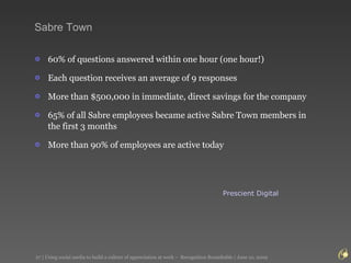 Sabre Town  60% of questions answered within one hour (one hour!) Each question receives an average of 9 responses More than $500,000 in immediate, direct savings for the company 65% of all Sabre employees became active Sabre Town members in the first 3 months More than 90% of employees are active today Prescient Digital   