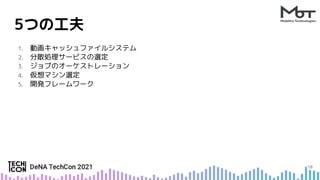 5つの工夫
1. 動画キャッシュファイルシステム
2. 分散処理サービスの選定
3. ジョブのオーケストレーション
4. 仮想マシン選定
5. 開発フレームワーク
18
 