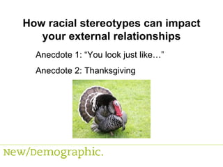 How racial stereotypes can impact your external relationships Anecdote 1: “You look just like…” Anecdote 2: Thanksgiving 