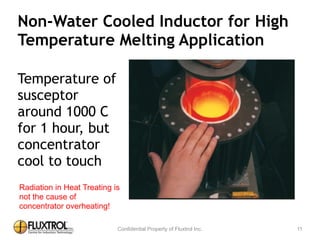 Non-­‐Water	
  Cooled	
  Inductor	
  for	
  High	
  
Temperature	
  Melting	
  Application
Temperature	
  of	
  
susceptor	
  around	
  
1000	
  C	
  for	
  1	
  
hour,	
  but	
  
concentrator	
  cool	
  
to	
  touch
11
Radiation in Heat Treating is
not the cause of
concentrator overheating!
 
