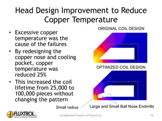 Head	
  Design	
  Improvement	
  to	
  Reduce	
  Copper	
  
Temperature
• Excessive	
  copper	
  
temperature	
  was	
  the	
  cause	
  
of	
  the	
  failures	
  
• By	
  redesigning	
  the	
  copper	
  
nose	
  and	
  cooling	
  pocket,	
  
copper	
  temperature	
  was	
  
reduced	
  25%	
  
• This	
  increased	
  the	
  coil	
  
lifetime	
  from	
  25,000	
  to	
  
100,000	
  pieces	
  without	
  
changing	
  the	
  pattern
ORIGINAL COIL DESIGN
OPTIMIZED COIL DESIGN
Small radius Large and Small Ball Nose Endmills
18
 