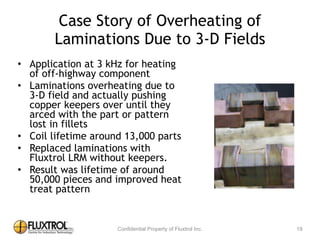 Case	
  Story	
  of	
  Overheating	
  of	
  Laminations	
  Due	
  
to	
  3-­‐D	
  Fields
• Application	
  at	
  3	
  kHz	
  for	
  heating	
  of	
  
off-­‐highway	
  component	
  
• Laminations	
  overheating	
  due	
  to	
  3-­‐D	
  
field	
  and	
  actually	
  pushing	
  copper	
  
keepers	
  over	
  until	
  they	
  arced	
  with	
  
the	
  part	
  or	
  pattern	
  lost	
  in	
  fillets	
  
• Coil	
  lifetime	
  around	
  13,000	
  parts	
  
• Replaced	
  laminations	
  with	
  Fluxtrol	
  
LRM	
  without	
  keepers.	
  	
  	
  
• Result	
  was	
  lifetime	
  of	
  around	
  50,000	
  
pieces	
  and	
  improved	
  heat	
  treat	
  
pattern
19
 