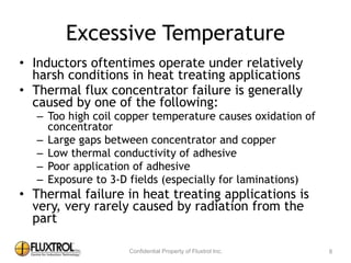 Excessive	
  Temperature
• Inductors	
  oftentimes	
  operate	
  under	
  relatively	
  harsh	
  
conditions	
  in	
  heat	
  treating	
  applications	
  
• Thermal	
  flux	
  concentrator	
  failure	
  is	
  generally	
  caused	
  by	
  
one	
  of	
  the	
  following:	
  
– Too	
  high	
  coil	
  copper	
  temperature	
  causes	
  oxidation	
  of	
  
concentrator	
  
– Large	
  gaps	
  between	
  concentrator	
  and	
  copper	
  
– Low	
  thermal	
  conductivity	
  of	
  adhesive	
  
– Poor	
  application	
  of	
  adhesive	
  
– Exposure	
  to	
  3-­‐D	
  fields	
  (especially	
  for	
  laminations)	
  
• Thermal	
  failure	
  in	
  heat	
  treating	
  applications	
  is	
  very,	
  very	
  
rarely	
  caused	
  by	
  radiation	
  from	
  the	
  part
8
 