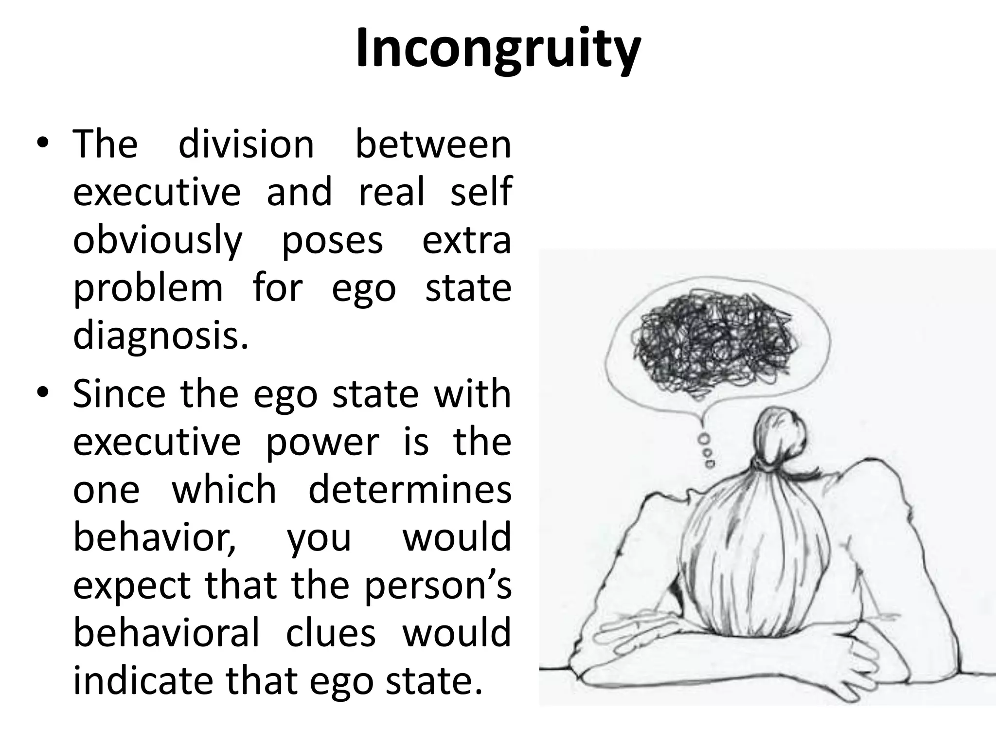 Incongruity
• The division between
executive and real self
obviously poses extra
problem for ego state
diagnosis.
• Since the ego state with
executive power is the
one which determines
behavior, you would
expect that the person’s
behavioral clues would
indicate that ego state.
 