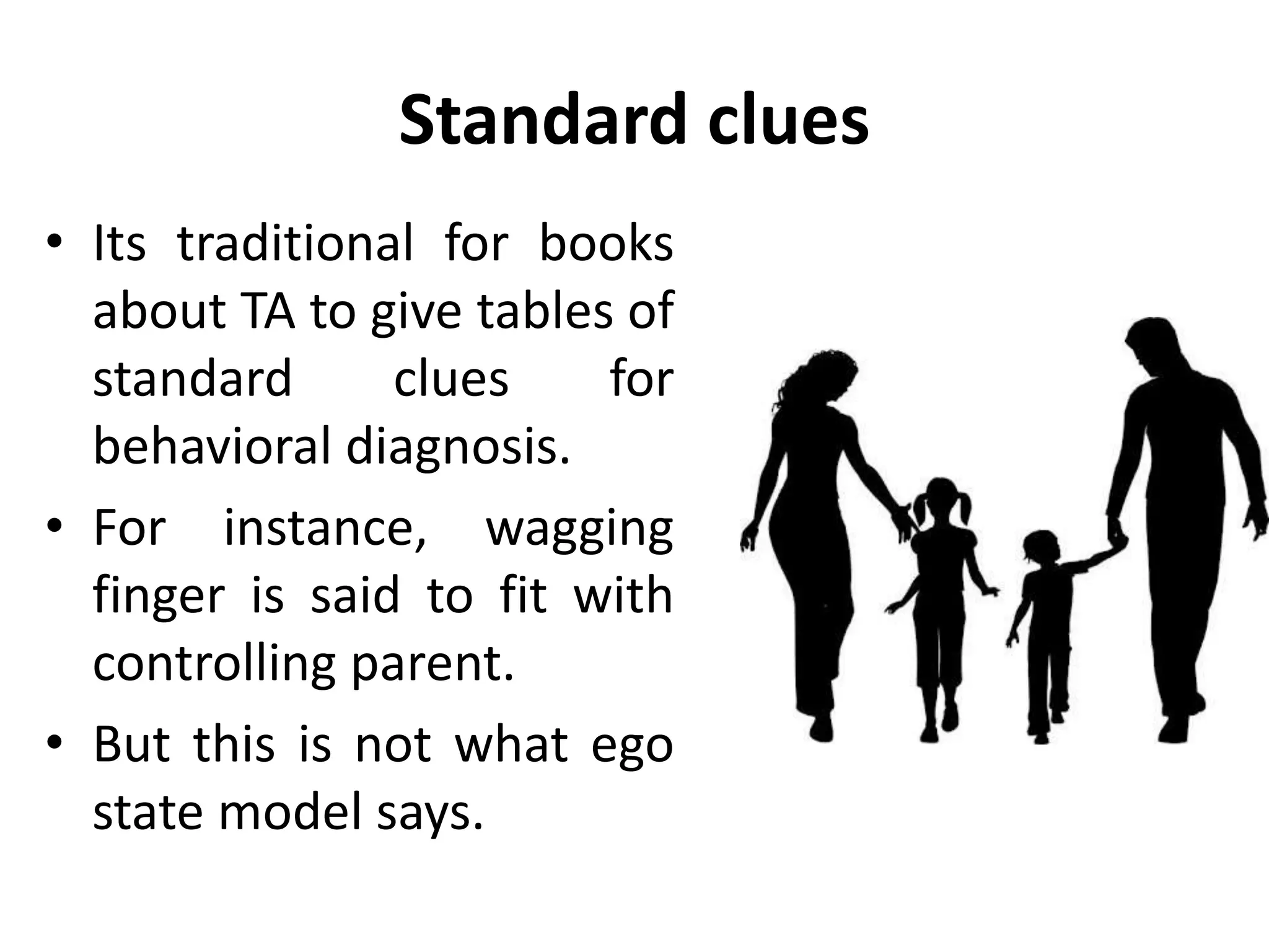 Standard clues
• Its traditional for books
about TA to give tables of
standard clues for
behavioral diagnosis.
• For instance, wagging
finger is said to fit with
controlling parent.
• But this is not what ego
state model says.
 
