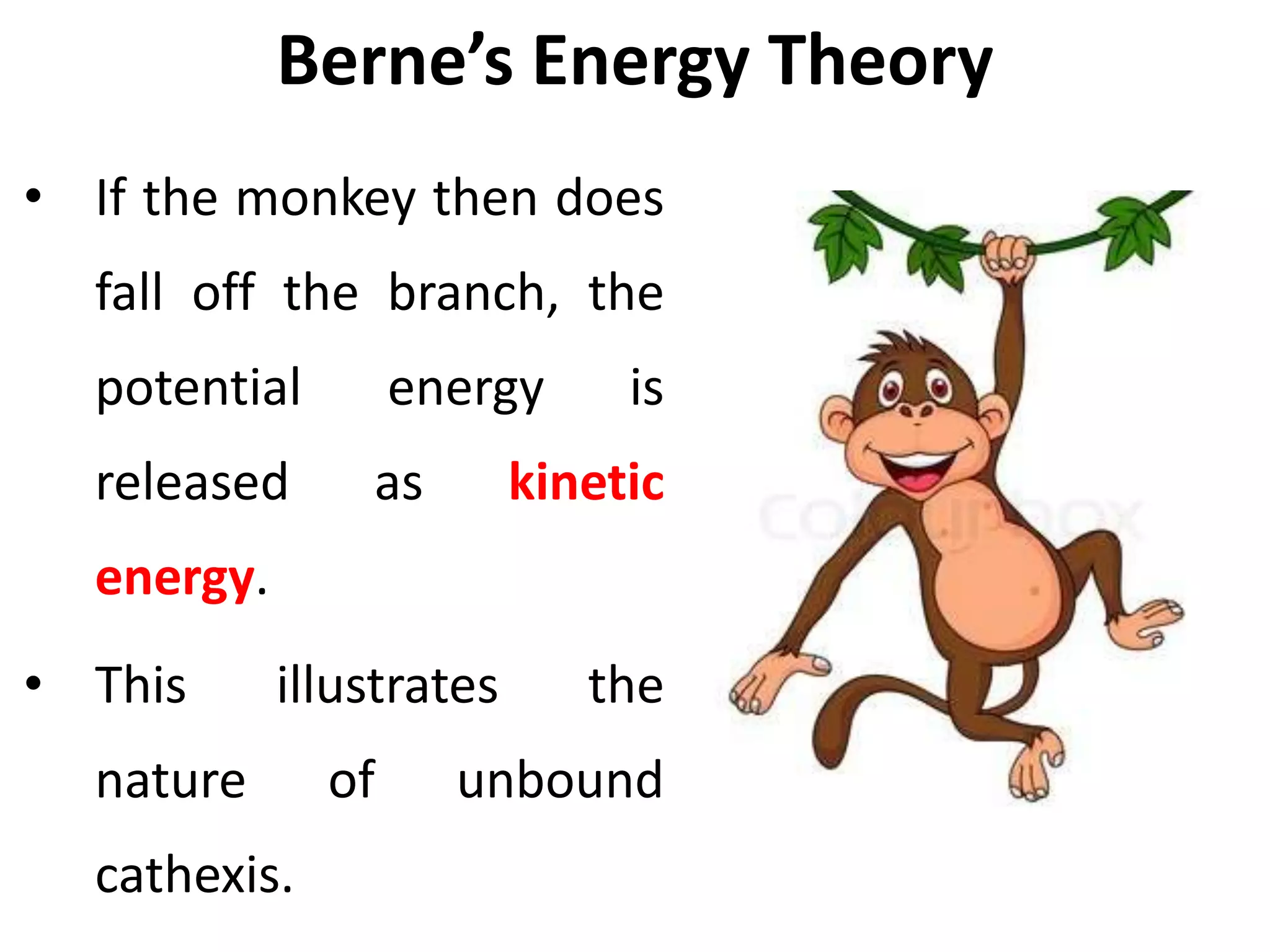 Berne’s Energy Theory
• If the monkey then does
fall off the branch, the
potential energy is
released as kinetic
energy.
• This illustrates the
nature of unbound
cathexis.
 
