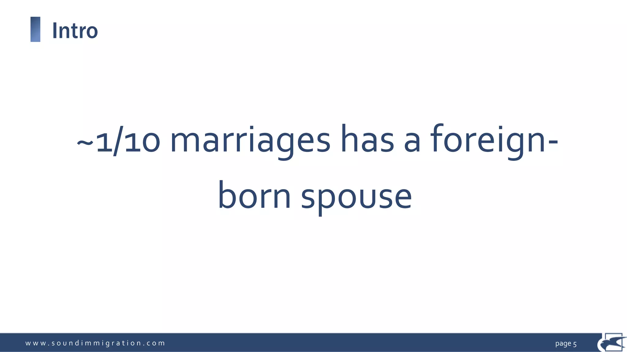 w w w . s o u n d i m m i g r a t i o n . c o m
Intro
page 5
~1/10 marriages has a foreign-
born spouse
 