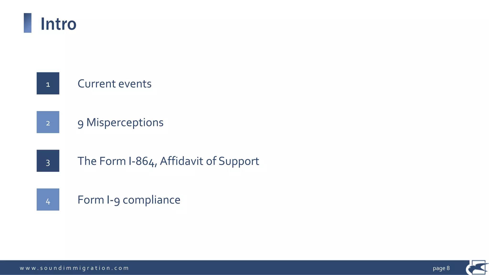 w w w . s o u n d i m m i g r a t i o n . c o m
Intro
page 8
Current events1
9 Misperceptions2
The Form I-864, Affidavit of Support3
Form I-9 compliance4
 