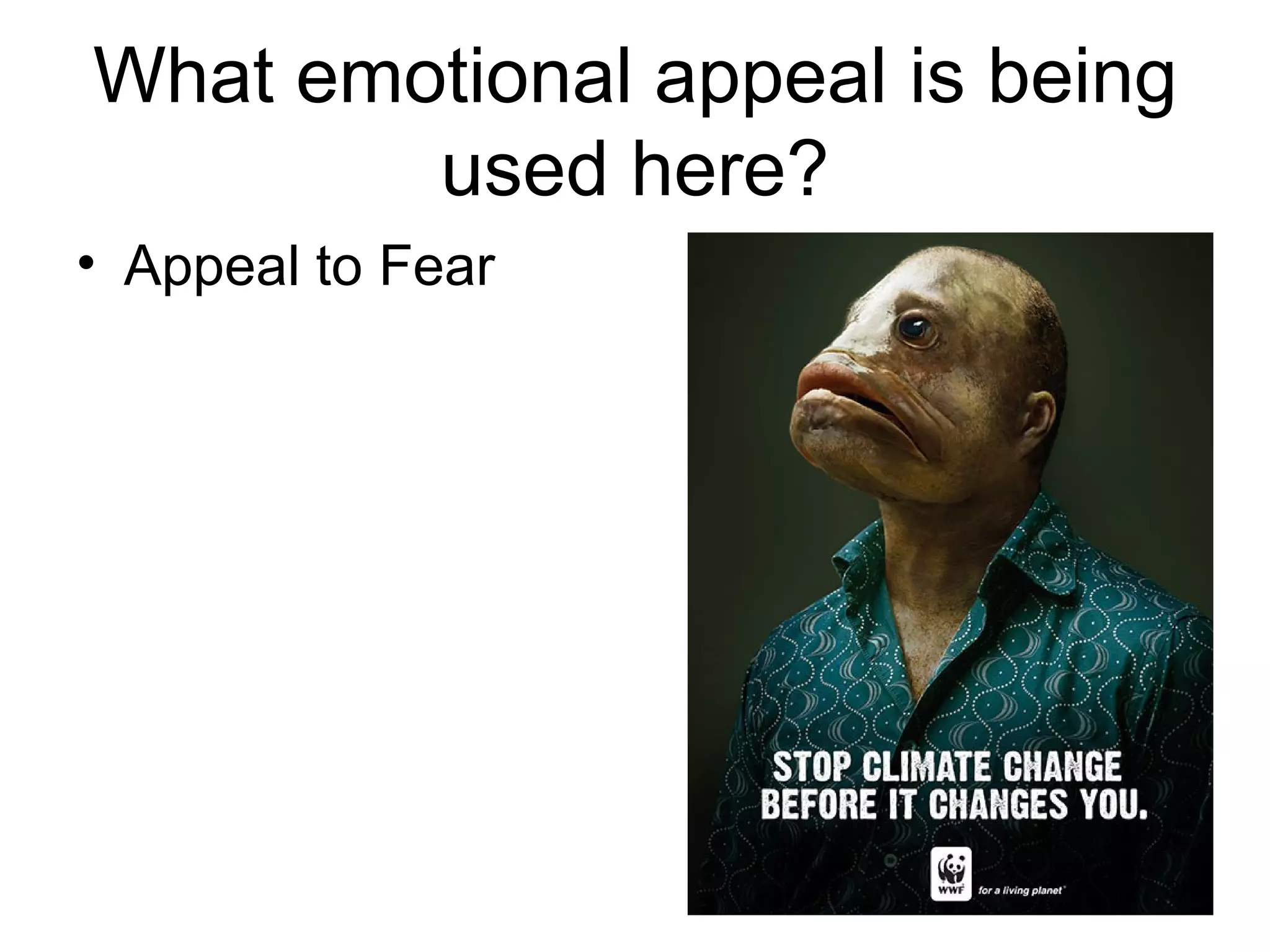 What emotional appeal is being
        used here?
• Appeal to Fear




                             38
 