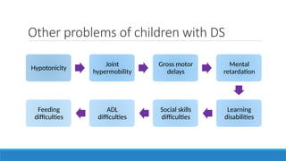 Other problems of children with DS
Hypotonicity
Joint
hypermobility
Gross motor
delays
Mental
retardation
Learning
disabilities
Social skills
difficulties
ADL
difficulties
Feeding
difficulties
 