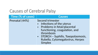 Causes of Cerebral Palsy
Time (% of cases) Causes
Prenatal (44%) Second trimester
• Infections of the uterus
• Problems in fetal/placental
functioning, coagulation, and
thrombosis
• STORCH – Syphilis, Toxopolasmosis,
Rubella, Cytomegalovirus, Herpes
Simplex
 