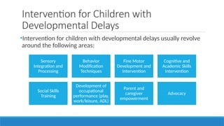 Intervention for Children with
Developmental Delays
•Intervention for children with developmental delays usually revolve
around the following areas:
Sensory
Integration and
Processing
Behavior
Modification
Techniques
Fine Motor
Development and
Intervention
Cognitive and
Academic Skills
Intervention
Social Skills
Training
Development of
occupational
performance (play,
work/leisure, ADL)
Parent and
caregiver
empowerment
Advocacy
 