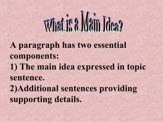 A paragraph has two essential
components:
1) The main idea expressed in topic
sentence.
2)Additional sentences providing
supporting details.
 