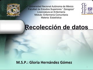 1
Recolección de datos
M.S.P.: Gloria Hernández Gómez
Universidad Nacional Autónoma de México
Facultad de Estudios Superiores “ Zaragoza”
Licenciatura en Enfermería
Módulo: Enfermería Comunitaria
Materia: Estadística
 