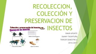 RECOLECCION,
COLECCIÓN Y
PRESERVACION DE
INSECTOS
OMAR APUNTE
DANNY TASINTUÑA
TERCER SEMESTRE A
2016-2017
 