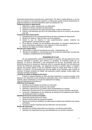 x
observada enteramente consciente de la observación. Por último, puede observar y a la vez
estar en contacto con las personas observas. La interacción puede consistir simplemente en
preguntar respecto a una tarea específica, pedir una explicación, etc.
Preparación para la observación
1. Determinar y definir aquella que va a observarse.
2. Estimular el tiempo necesario de observación.
3. Obtener la autorización de la gerencia para llevar a cabo la observación.
4. Explicar a las personas que van a ser observadas lo que se va a hacer y las razones
para ello.
Conducción de la observación
1. Familiarizarse con los componentes físicos del área inmediata de observación.
2. Mientras se observa, medir el tiempo en forma periódica.
3. Anotar lo que se observa lo más específicamente posible, evitando las
generalidades y las descripciones vagas.
4. Si se está en contacto con las personas observadas, es necesario abstenerse de
hacer comentarios cualitativos o que impliquen un juicio de valores.
5. Observar las reglas de cortesía y seguridad.
Secuela de la observación
1. Documentar y organizar formalmente las notas, impresionistas, etc.
2. Revisar los resultados y conclusiones junto con la persona observada, el supervisar
inmediato y posiblemente otro de sistemas.
DIAGRAMA DE FLUJO
Es una representación pictórica de los pasos en proceso. Útil para determinar cómo
funciona realmente el proceso para producir un resultado. El resultado puede ser un
producto, un servicio, información o una combinación de los tres. Al examinar cómo los
diferentes pasos es un proceso se relacionan entre sí, se puede descubrir con frecuencia las
fuentes de problemas potenciales. Los diagramas de flujo se pueden aplicar a cualquier
aspecto del proceso desde el flujo de materiales hasta los pasos para hacer la venta u
ofrecer un producto. Con frecuencia este nivel de detalle no es necesario, pero cuando se
necesita, el equipo completo de trabajo más pequeños pueden agregar niveles según sea
necesario durante el proyecto.
¿Cuándo se utiliza un Diagrama De Flujo?
Cuando un equipo necesita ver cómo funciona realmente un proceso completo. Este
esfuerzo con frecuencia revela problemas potenciales tales como cuellos de botella en el
sistema, pasos innecesarios y círculos de duplicación de trabajo.
Algunos aplicaciones comunes son:
Definición de Proyectos:
• Identificar oportunidades de cambios en el proceso.
• Desarrollar estimados de costos de mala calidad.
• Identificar organizaciones que deben estar representadas en el equipo.
• Desarrollar una base común de conocimiento para los nuevos miembros del equipo.
• Involucrar a trabajadores en los esfuerzos de resolución de problemas para reducir
las resistencias futura al cambio.
Identificación de las causas principales:
• Desarrollar planes para reunir datos.
• Generar teorías sobre las causas principales.
• Discutir las formas de estratificar los datos para el análisis para identificar las causas
principales.
• Examinar el tiempo requerido para las diferentes vías del proceso.
Diseño de soluciones
• Describir los cambios potenciales en el proceso y sus efectos potenciales.
• Identificar las organizaciones que será afectadas por los cambios propuesto.
 