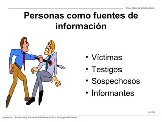 Personas como fuentes de
información
• Víctimas
• Testigos
• Sospechosos
• Informantes
Curso básico de policía Judicial
Asignatura 1: Recolección y Proceso de la Información en la Investigación Criminal
A 2.3-8
 
