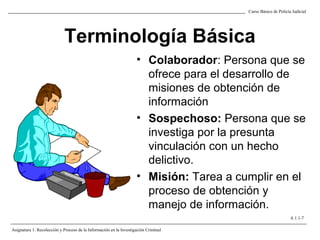 Terminología Básica
• Colaborador: Persona que se
ofrece para el desarrollo de
misiones de obtención de
información
• Sospechoso: Persona que se
investiga por la presunta
vinculación con un hecho
delictivo.
• Misión: Tarea a cumplir en el
proceso de obtención y
manejo de información.
Curso Básico de Policía Judicial
Asignatura 1: Recolección y Proceso de la Información en la Investigación Criminal
A 1.1-7
 