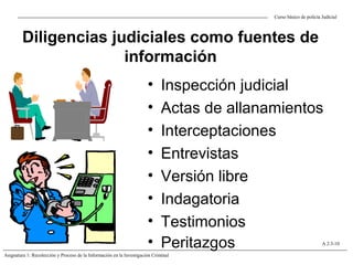 Diligencias judiciales como fuentes de
información
• Inspección judicial
• Actas de allanamientos
• Interceptaciones
• Entrevistas
• Versión libre
• Indagatoria
• Testimonios
• Peritazgos
Curso básico de policía Judicial
Asignatura 1: Recolección y Proceso de la Información en la Investigación Criminal
A 2.3-10
 