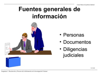 Fuentes generales de
información
• Personas
• Documentos
• Diligencias
judiciales
Curso básico de policía Judicial
Asignatura 1: Recolección y Proceso de la Información en la Investigación Criminal
A 2.4-6
 