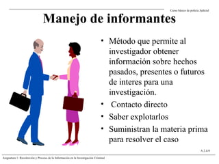 Curso básico de policía Judicial
Asignatura 1: Recolección y Proceso de la Información en la Investigación Criminal
A 2.4-9
Manejo de informantes
• Método que permite al
investigador obtener
información sobre hechos
pasados, presentes o futuros
de interes para una
investigación.
• Contacto directo
• Saber explotarlos
• Suministran la materia prima
para resolver el caso
 
