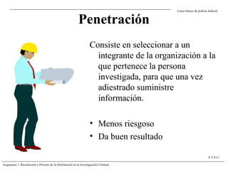 Curso básico de policía Judicial
Asignatura 1: Recolección y Proceso de la Información en la Investigación Criminal
A 2.4-11
Penetración
Consiste en seleccionar a un
integrante de la organización a la
que pertenece la persona
investigada, para que una vez
adiestrado suministre
información.
• Menos riesgoso
• Da buen resultado
 