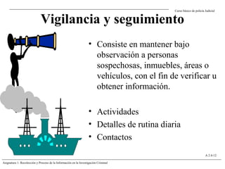 Curso básico de policía Judicial
Asignatura 1: Recolección y Proceso de la Información en la Investigación Criminal
A 2.4-12
Vigilancia y seguimiento
• Consiste en mantener bajo
observación a personas
sospechosas, inmuebles, áreas o
vehículos, con el fin de verificar u
obtener información.
• Actividades
• Detalles de rutina diaria
• Contactos
 