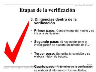Etapas de la verificación
3. Diligencias dentro de la
verificación
• Primer paso: Conocimiento del hecho y se
inicia la verificación.
• Segundo paso: Si hay merito para la
investigación se elabora un informe de P.J.
• Tercer paso: Se recibe la comisión y se
elabora misión de trabajo.
• Cuarto paso: Al término de la verificación
se elaborá el informe con los resultados.
Curso Básico de Policía Judicial
Asignatura 1: Recolección y Proceso de la Información en la Investigación Criminal.
A 3.1-10
 