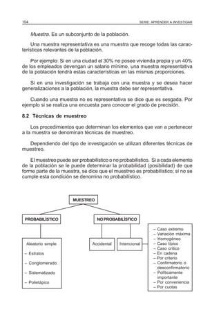 104

SERIE: APRENDER A INVESTIGAR

Muestra. Es un subconjunto de la población.
Una muestra representativa es una muestra que recoge todas las características relevantes de la población.
Por ejemplo: Si en una ciudad el 30% no posee vivienda propia y un 40%
de los empleados devengan un salario mínimo, una muestra representativa
de la población tendrá estas características en las mismas proporciones.
Si en una investigación se trabaja con una muestra y se desea hacer
generalizaciones a la población, la muestra debe ser representativa.
Cuando una muestra no es representativa se dice que es sesgada. Por
ejemplo si se realiza una encuesta para conocer el grado de precisión.
8.2 Técnicas de muestreo
Los procedimientos que determinan los elementos que van a pertenecer
a la muestra se denominan técnicas de muestreo.
Dependiendo del tipo de investigación se utilizan diferentes técnicas de
muestreo.
El muestreo puede ser probabilístico o no probabilístico. Si a cada elemento
de la población se le puede determinar la probabilidad (posibilidad) de que
forme parte de la muestra, se dice que el muestreo es probabilístico; si no se
cumple esta condición se denomina no probabilístico.

MUESTREO

PROBABILÍSTICO

Aleatorio simple
– Estratos
– Conglomerado
– Sistematizado
– Polietápico

NO PROBABILÍSTICO

Accidental

Intencional

–
–
–
–
–
–
–
–

Caso extremo
Variación máxima
Homogéneo
Caso típico
Caso crítico
En cadena
Por criterio
Confirmatorio o
desconfirmatorio
– Políticamente
importante
– Por conveniencia
– Por cuotas

 