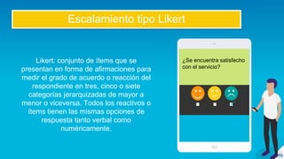 14
Escalamiento tipo Likert
Likert: conjunto de ítems que se
presentan en forma de afirmaciones para
medir el grado de acuerdo o reacción del
respondiente en tres, cinco o siete
categorías jerarquizadas de mayor a
menor o viceversa. Todos los reactivos o
ítems tienen las mismas opciones de
respuesta tanto verbal como
numéricamente.
¿Se encuentra satisfecho
con el servicio?
 
