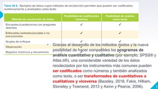 7
▸ Gracias al desarrollo de los métodos mixtos y la nueva
posibilidad de hacer compatibles los programas de
análisis cuantitativo y cualitativo (por ejemplo, SPSS® y
Atlas.ti®), una considerable variedad de los datos
recolectados por los instrumentos más comunes pueden
ser codificados como números y también analizados
como texto, o ser transformados de cuantitativos a
cualitativos y viceversa (Bazeley, 2018; Fakis, Hilliam,
Stoneley y Townend, 2013 y Axinn y Pearce, 2006).
 