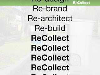 Re-design
 Re-brand
Re-architect
  Re-build
 ReCollect
 ReCollect
 ReCollect
 ReCollect
 