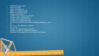 • Potential Energy Curve
• Nature of Force
• Types of Equilibrium
• Motion in a Vertical Circle
• Motion in a Vertical Circle
• Velocity at the Point P
• Tension in the String at Any Point P
• Tension at the Lowest Point L
• Tension at the Highest Point H
• Condition for Looping the Loop
• Tension and Velocity at the Point M (Midway between L and
H)
• For 0 < u < 2gr (Between L and M)
• For u = 2gr
• For 2gr < u < 5gr (Between M and H)
• Motion of a Body on a Spherical Surface
• Condition for Looping the Loop in Some Other Cases
 