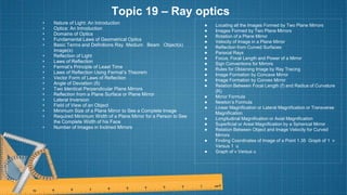 Topic 19 – Ray optics
• Nature of Light: An Introduction
• Optics: An Introduction
• Domains of Optics
• Fundamental Laws of Geometrical Optics
• Basic Terms and Definitions Ray Medium Beam Object(s)
Image(s)
• Reflection of Light
• Laws of Reflection
• Fermat’s Principle of Least Time
• Laws of Reflection Using Fermat’s Theorem
• Vector Form of Laws of Reflection
• Angle of Deviation (δ)
• Two Identical Perpendicular Plane Mirrors
• Reflection from a Plane Surface or Plane Mirror
• Lateral Inversion
• Field of View of an Object
• Minimum Size of a Plane Mirror to See a Complete Image
• Required Minimum Width of a Plane Mirror for a Person to See
the Complete Width of his Face
• Number of Images in Inclined Mirrors
● Locating all the Images Formed by Two Plane Mirrors
● Images Formed by Two Plane Mirrors
● Rotation of a Plane Mirror
● Velocity of Image in a Plane Mirror
● Reflection from Curved Surfaces
● Paraxial Rays
● Focus, Focal Length and Power of a Mirror
● Sign Conventions for Mirrors
● Rules for Obtaining Image by Ray Tracing
● Image Formation by Concave Mirror
● Image Formation by Convex Mirror
● Relation Between Focal Length (f) and Radius of Curvature
(R)
● Mirror Formula
● Newton’s Formula
● Linear Magnification or Lateral Magnification or Transverse
Magnification
● Longitudinal Magnification or Axial Magnification
● Superficial or Areal Magnification by a Spherical Mirror
● Relation Between Object and Image Velocity for Curved
Mirrors
● Finding Coordinates of Image of a Point 1.35 Graph of 1 v
Versus 1 u
● Graph of v Versus u
 