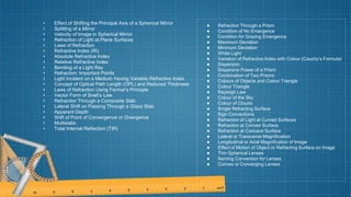 • Effect of Shifting the Principal Axis of a Spherical Mirror
• Splitting of a Mirror
• Velocity of Image in Spherical Mirror
• Refraction of Light at Plane Surfaces
• Laws of Refraction
• Refractive Index (RI)
• Absolute Refractive Index
• Relative Refractive Index
• Bending of a Light Ray
• Refraction: Important Points
• Light Incident on a Medium Having Variable Refractive Index
• Concept of Optical Path Length (OPL) and Reduced Thickness
• Laws of Refraction Using Fermat’s Principle
• Vector Form of Snell’s Law
• Refraction Through a Composite Slab
• Lateral Shift on Passing Through a Glass Slab
• Apparent Depth
• Shift of Point of Convergence or Divergence
• Multislabs
• Total Internal Reflection (TIR)
● Refraction Through a Prism
● Condition of No Emergence
● Condition for Grazing Emergence
● Maximum Deviation
● Minimum Deviation
● White Light
● Variation of Refractive Index with Colour (Cauchy’s Formula)
● Dispersion
● Dispersive Power of a Prism
● Combination of Two Prisms
● Colours of Objects and Colour Triangle
● Colour Triangle
● Rayleigh Law
● Colour of the Sky
● Colour of Clouds
● Single Refracting Surface
● Sign Conventions
● Refraction of Light at Curved Surfaces
● Refraction at Convex Surface
● Refraction at Concave Surface
● Lateral or Transverse Magnification
● Longitudinal or Axial Magnification of Image
● Effect of Motion of Object or Refracting Surface on Image
● Thin Spherical Lenses
● Naming Convention for Lenses
● Convex or Converging Lenses
 