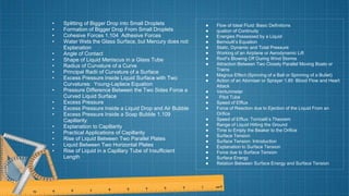 • Splitting of Bigger Drop into Small Droplets
• Formation of Bigger Drop From Small Droplets
• Cohesive Forces 1.104 Adhesive Forces
• Water Wets the Glass Surface, but Mercury does not:
Explanation
• Angle of Contact
• Shape of Liquid Meniscus in a Glass Tube
• Radius of Curvature of a Curve
• Principal Radii of Curvature of a Surface
• Excess Pressure Inside Liquid Surface with Two
Curvatures: Young-Laplace Equation
• Pressure Difference Between the Two Sides Force a
Curved Liquid Surface
• Excess Pressure
• Excess Pressure Inside a Liquid Drop and Air Bubble
• Excess Pressure Inside a Soap Bubble 1.109
Capillarity
• Explanation to Capillarity
• Practical Applications of Capillarity
• Rise of Liquid Between Two Parallel Plates
• Liquid Between Two Horizontal Plates
• Rise of Liquid in a Capillary Tube of Insufficient
Length
● Flow of Ideal Fluid: Basic Definitions
● quation of Continuity
● Energies Possessed by a Liquid
● Bernoulli’s Equation
● Static, Dynamic and Total Pressure
● Working of an Airplane or Aerodynamic Lift
● Roof’s Blowing Off During Wind Storms
● Attraction Between Two Closely Parallel Moving Boats or
Trains
● Magnus Effect (Spinning of a Ball or Spinning of a Bullet)
● Action of an Atomiser or Sprayer 1.85 Blood Flow and Heart
Attack
● Venturimeter
● Pitot Tube
● Speed of Efflux
● Force of Reaction due to Ejection of the Liquid From an
Orifice
● Speed of Efflux: Torricelli’s Theorem
● Range of Liquid Hitting the Ground
● Time to Empty the Beaker to the Orifice
● Surface Tension
● Surface Tension: Introduction
● Explanation to Surface Tension
● Force due to Surface Tension
● Surface Energy
● Relation Between Surface Energy and Surface Tension
 