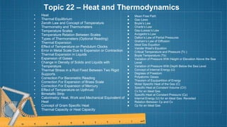 Topic 22 – Heat and Thermodynamics
• Heat
• Thermal Equilibrium
• Zeroth Law and Concept of Temperature
• Thermometry and Thermometers
• Temperature Scales
• Temperature Relation Between Scales
• Types of Thermometers (Optional Reading)
• Thermal Expansion
• Effect of Temperature on Pendulum Clocks
• Error in Metal Scale Due to Expansion or Contraction
• Thermal Expansion in Liquids
• Expansion of Gases
• Change in Density of Solids and Liquids with
Temperature
• Thermal Stress in a Rod Fixed Between Two Rigid
Supports
• Correction For Barometric Reading
• Correction For Expansion of Brass Scale
• Correction For Expansion of Mercury
• Effect of Temperature on Upthrust
• Bimetallic Strip
• Calorimetry: Heat, Work and Mechanical Equivalent of
Heat
• Concept of Gram Specific Heat
• Thermal Capacity or Heat Capacity
● Mean Free Path
● Gas Laws
● Boyle’s Law
● Charle’s Law
● Gay-Lussac’s Law
● Avogadro’s Law
● Dalton’s Law of Partial Pressures
● Graham’s Law of Diffusion
● Ideal Gas Equation
● Vander Waal’s Equation
● Critical Temperature and Pressure (Tc )
● Boyle Temperature (Tb)
● Variation of Pressure With Height or Elevation Above the Sea
Level
● Variation of Pressure With Depth Below the Sea Level
● Concept of Internal Energy (U)
● Degrees of Freedom
● Polyatomic Gases
● Theorem of Equipartition of Energy
● Molar Specific Heat of the Gas (C)
● Specific Heat at Constant Volume (CV)
● Cv for an Ideal Gas
● Specific Heat at Constant Pressure (Cp)
● Internal Energy (U) for an Ideal Gas: Revisited
● Relation Between Cp and Cv
● Cp for an Ideal Gas
 