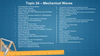 Topic 24 – Mechanical Waves
• Characteristics of Wave Motion
• Types of Wave Motion
• Wave Motion Parameters
• Relation Between Path Difference (∆x) and Phase
Difference (∆f)
• Equation of a Harmonic Wave 4.3 Characteristic
Wave Equation
• Particle Velocity, Wave Slope and Particle
Acceleration in a Sinusoidal Wave
• Group Velocity
• A Symmetrical Wave Pulse
• Speed of a Transverse Wave in a String
• Energy Density of a Transverse Wave
• Power and Intensity of Wave Travelling Through a
Stretched String
• About Amplitude
• Reflection of String Wave
• Wave Properties after Reflection/Refraction
(Transmission)
• Partial Reflection and Transmission
• Boundary Conditions
• Relation Between Displacement Wave and Pressure
Wave for a Longitudinal Wave
• Speed of a Longitudinal Waves
● Comparison of Progressive and Stationary Wave
● Stationary Waves in a String Fixed at Both Ends and Modes of
Vibration of a Stretched String
● Stationary Waves in a String Fixed at One End and Modes of
Vibration of a Stretched String
● Melde’s Experiment
● Sonometer
● Vibrations of a Clamped Rod
● Longitudinal Stationary Waves in Air Columns/Organ Pipes
● Stationary Sound Waves in an Open Organ Pipe
● Closed Pipe
● End Correction in Organ Pipes
● Resonance Tube
● Kundt’s Tube
● Beats
● To Find Unknown Frequency
● Pitch (Frequency)
● Quality (Timbre)
● Octave and Interval
● Musical Sound and Musical Scale
● Audible, Infrasonic and Ultrasonic Waves
● Doppler Effect
● Listener and Source Both Stationary
 