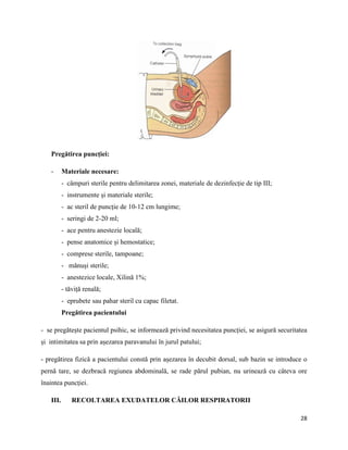 28
Pregătirea puncției:
- Materiale necesare:
- câmpuri sterile pentru delimitarea zonei, materiale de dezinfecție de tip III;
- instrumente și materiale sterile;
- ac steril de puncție de 10-12 cm lungime;
- seringi de 2-20 ml;
- ace pentru anestezie locală;
- pense anatomice și hemostatice;
- comprese sterile, tampoane;
- mănuși sterile;
- anestezice locale, Xilină 1%;
- tăviță renală;
- eprubete sau pahar steril cu capac filetat.
Pregătirea pacientului
- se pregătește pacientul psihic, se informează privind necesitatea puncției, se asigură securitatea
și intimitatea sa prin așezarea paravanului în jurul patului;
- pregătirea fizică a pacientului constă prin așezarea în decubit dorsal, sub bazin se introduce o
pernă tare, se dezbracă regiunea abdominală, se rade părul pubian, nu urinează cu câteva ore
înaintea puncției.
III. RECOLTAREA EXUDATELOR CĂILOR RESPIRATORII
 
