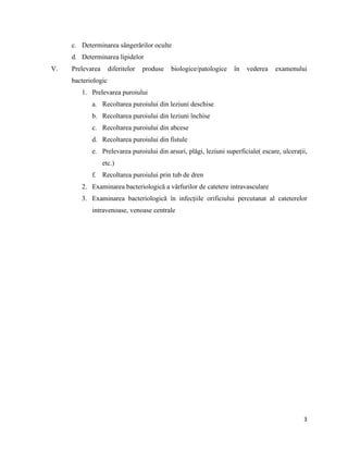 3
c. Determinarea sângerărilor oculte
d. Determinarea lipidelor
V. Prelevarea diferitelor produse biologice/patologice în vederea examenului
bacteriologic
1. Prelevarea puroiului
a. Recoltarea puroiului din leziuni deschise
b. Recoltarea puroiului din leziuni închise
c. Recoltarea puroiului din abcese
d. Recoltarea puroiului din fistule
e. Prelevarea puroiului din arsuri, plăgi, leziuni superficiale( escare, ulcerații,
etc.)
f. Recoltarea puroiului prin tub de dren
2. Examinarea bacteriologică a vârfurilor de catetere intravasculare
3. Examinarea bacteriologică în infecțiile orificiului percutanat al cateterelor
intravenoase, venoase centrale
 